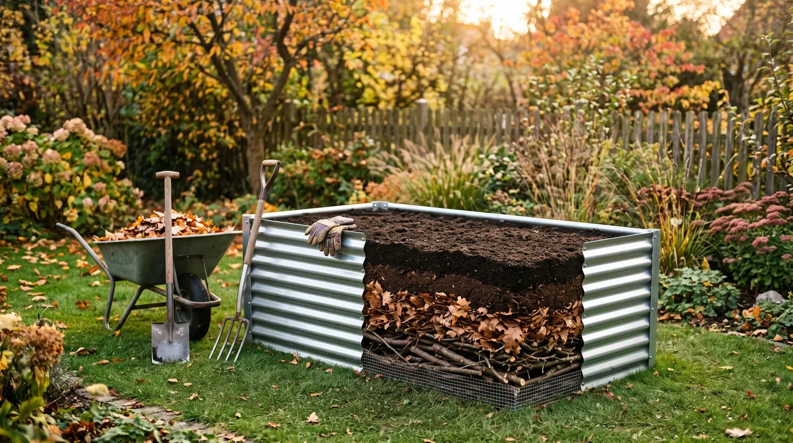 Metall-Hochbeet im Herbstgarten, aufgeschnitten mit sichtbaren Schichten aus Gitter, Ästen, Laub, Kompost und Erde (Symbolbild, KI-generiert)