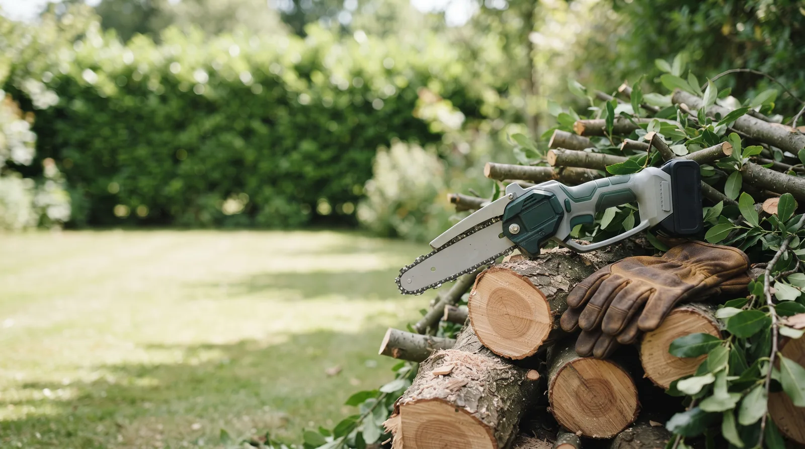 Akku-Mini-Kettensäge auf gestapeltem Schnittholz mit Arbeitshandschuhen im Garten (Symbolbild)