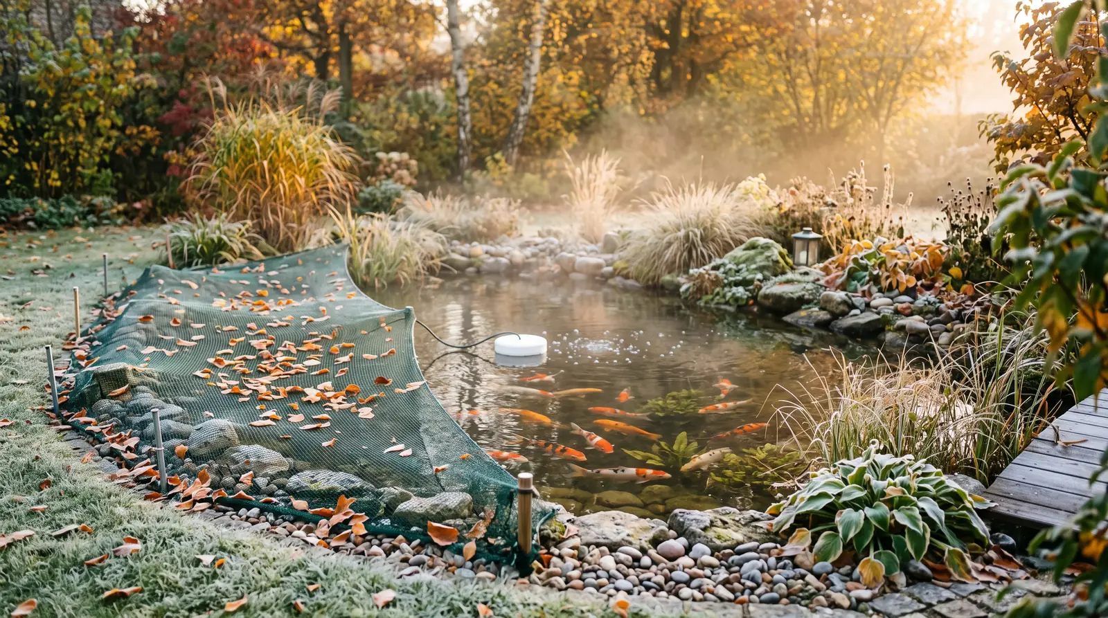 Gartenteich mit Koi im Spätherbst bei Raureif, Laubnetz mit Erdspießen und Eisfreihalter mit Luftblasen (Symbolbild, KI-generiert)